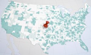 Map of USA with push pin, close-up