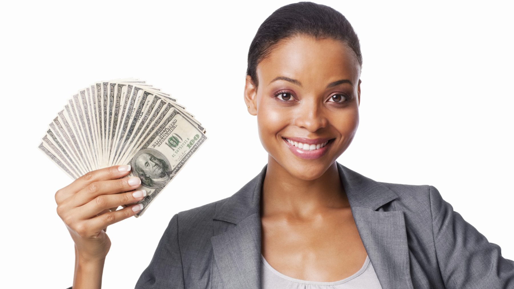 Woman Holding American Currency - Isolated