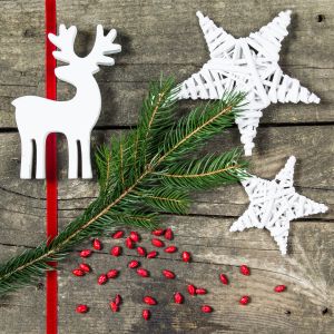 High Angle View Of Christmas Decoration On Wooden Table