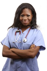 African American Female Nurse arms folded tight